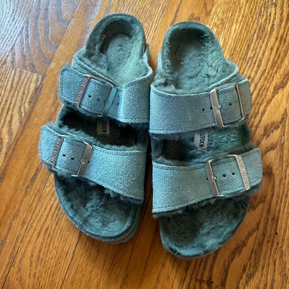 Birkenstock Arizona Shearling - Fur Slip-On Sandals - RARE Teal Color
